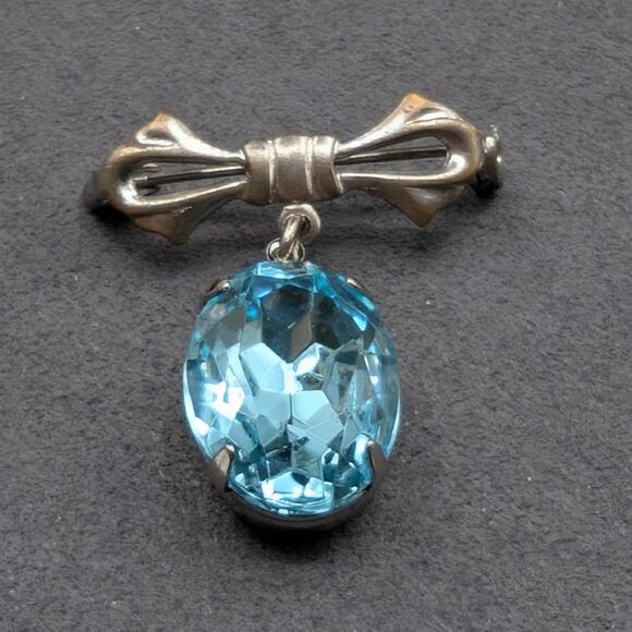 Vintage Blue Rhinestone Dangle Ribbon Silver Tone Brooch - Picture 6 of 6